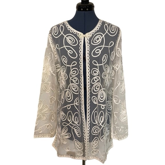 Victor Costa White Sheer Floral Ribbon Embroidered Cardigan Duster Evening L - Picture 1 of 10